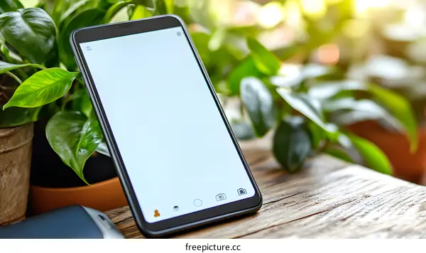 Smartphone with Blank Screen on Wooden Table