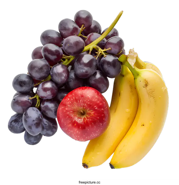 [Transparent Background PNG]Fresh Red Apple Grapes and Banana Isolated on White Background