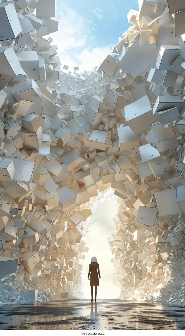 Abstract Corridor of White Cubes with a Person