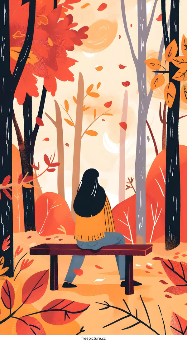 Woman Sitting on a Bench in Autumn Forest