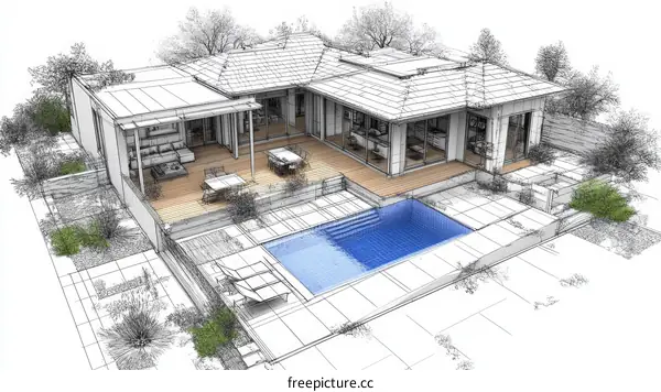 Architectural Design of a Modern House with Pool and Outdoor Area