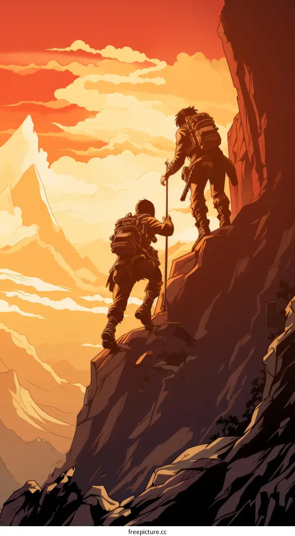 Two Climbers Ascend Mountain Peak