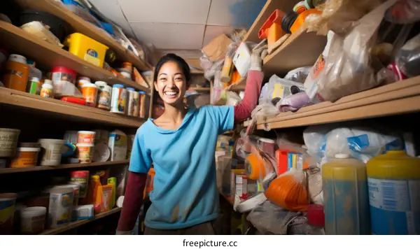 Asian woman in a cluttered storeroom