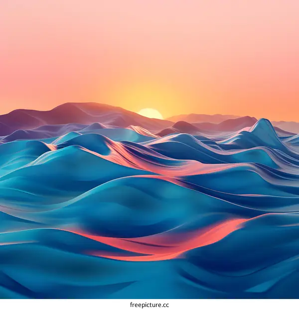 Abstract Sunset Over a Blue and Pink Wavy Landscape