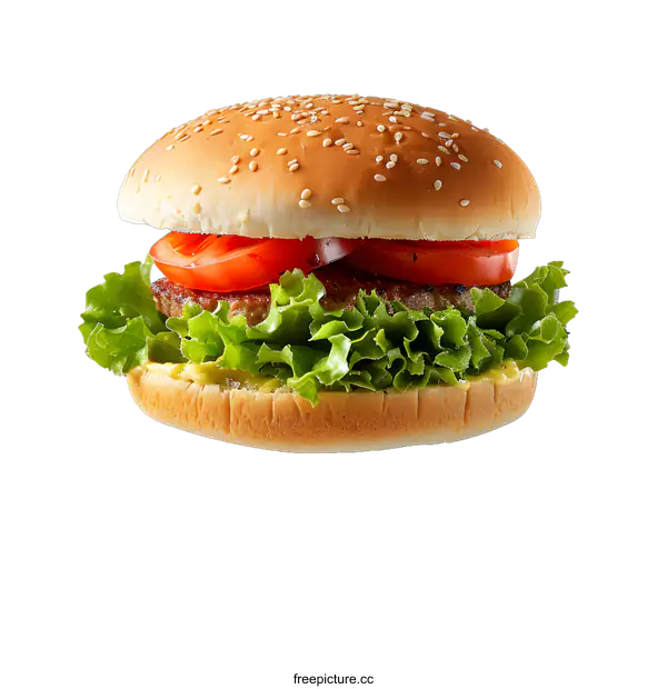 [Transparent Background PNG]A delicious-looking burger with sesame seeds on the bun and lettuce, tomato, and mustard on the patty.