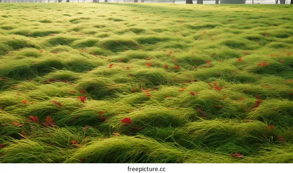 Wavy green grass field with fallen red leaves