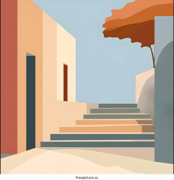 Minimalist Illustration of Stairs and Buildings with a Tree