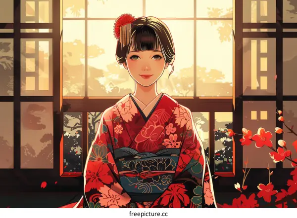 A beautiful Japanese woman in a kimono is sitting in a traditional Japanese room.