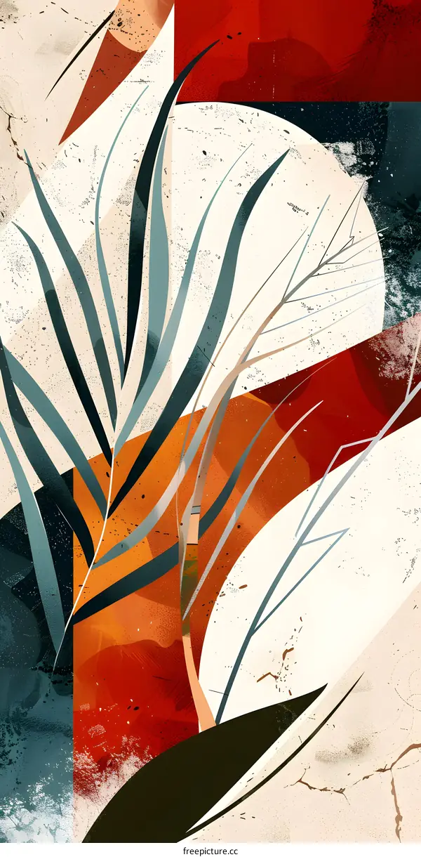 Abstract Minimalist Artwork with Geometric Shapes and Plants