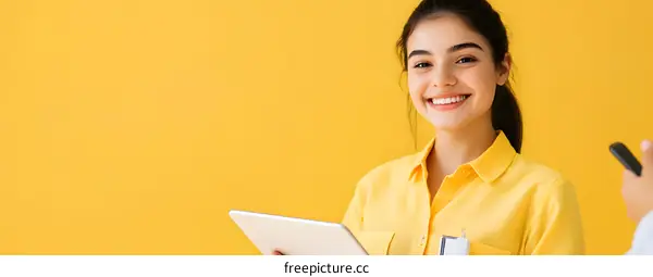 Smiling Woman Holding a Tablet Against Yellow Background