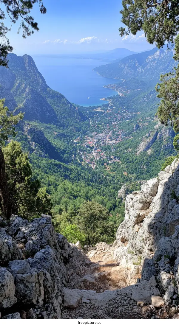 Mountain View of Coastal Town with Turquoise Sea