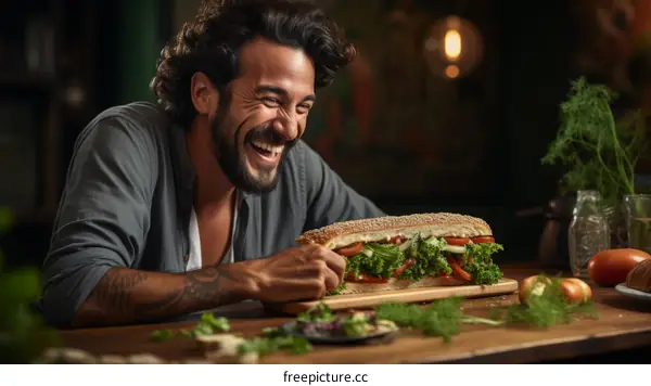 Laughing man with tattoos and curly hair holding a large sandwich