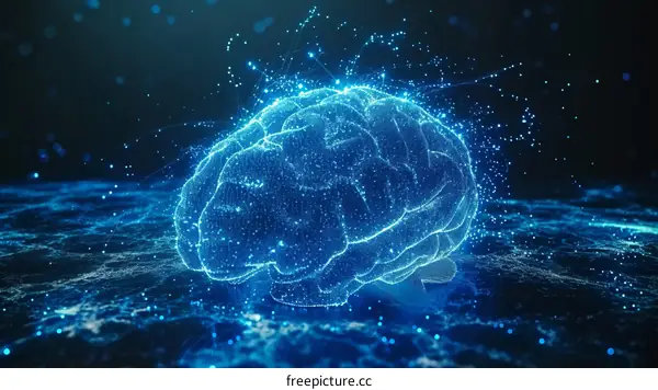 A digital illustration of a brain made of blue light