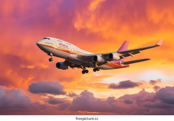 A large passenger plane is flying in the sky at sunset