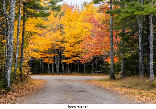 Autumn Road Through Forest With Colorful Trees