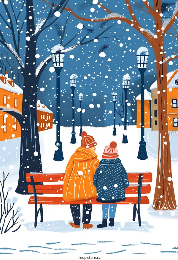 Couple Sitting on a Bench in a Snowy Winter Night