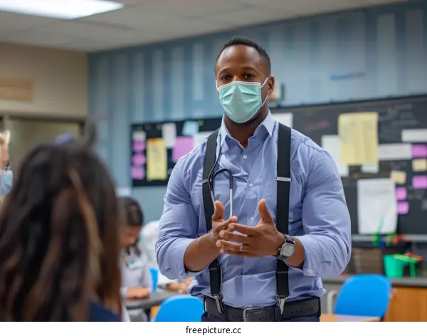 Black male doctor wearing a mask and suspenders