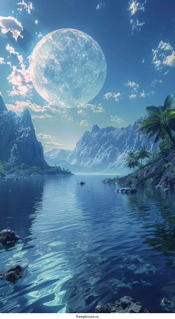 Fantasy Landscape with Giant Moon and Mountains