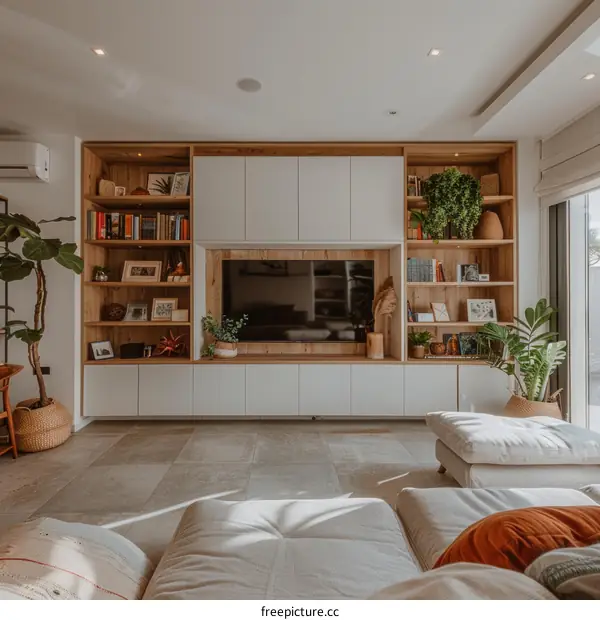 Stylish Scandinavian Living Room with Plants and Large TV