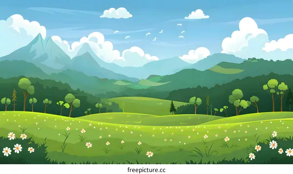 Green Meadows and Mountain Landscape Illustration