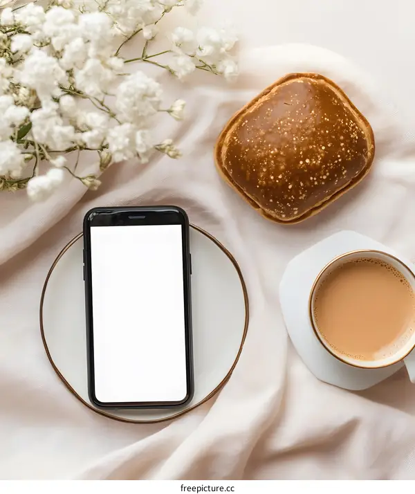 Flat Lay of Coffee, Bread, White Flowers, and Smartphone with White Screen