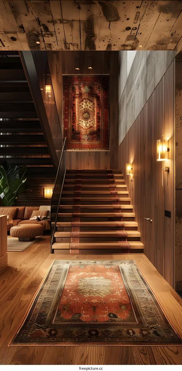 Modern Interior Design with Wooden Staircase and Persian Rug