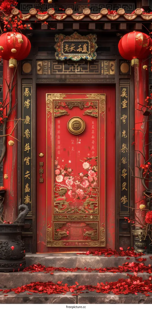 Traditional Chinese Doorway with Festive Decor