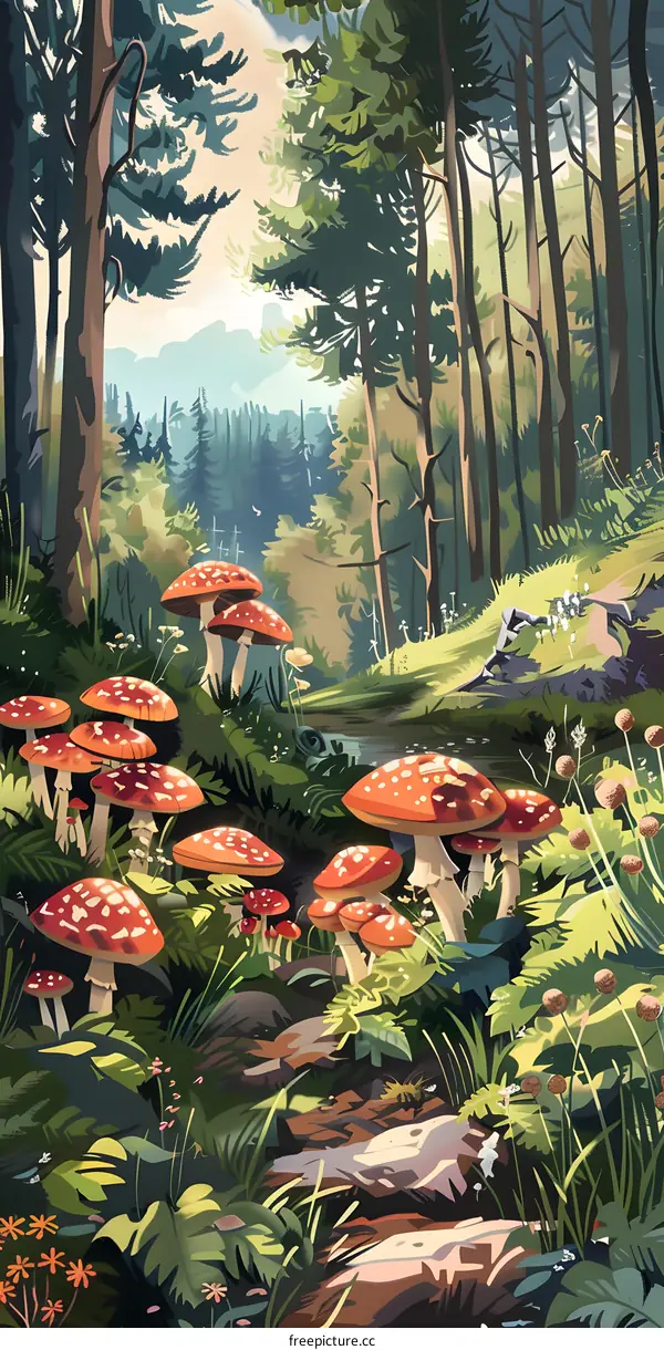 Forest Path With Red And White Mushrooms