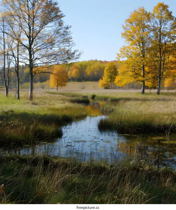 A tranquil scene of a small river flowing through a grassy field with trees in the background displaying their autumn colors