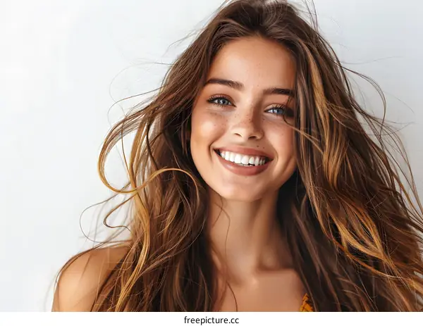 Smiling Woman with Long Hair and Freckles