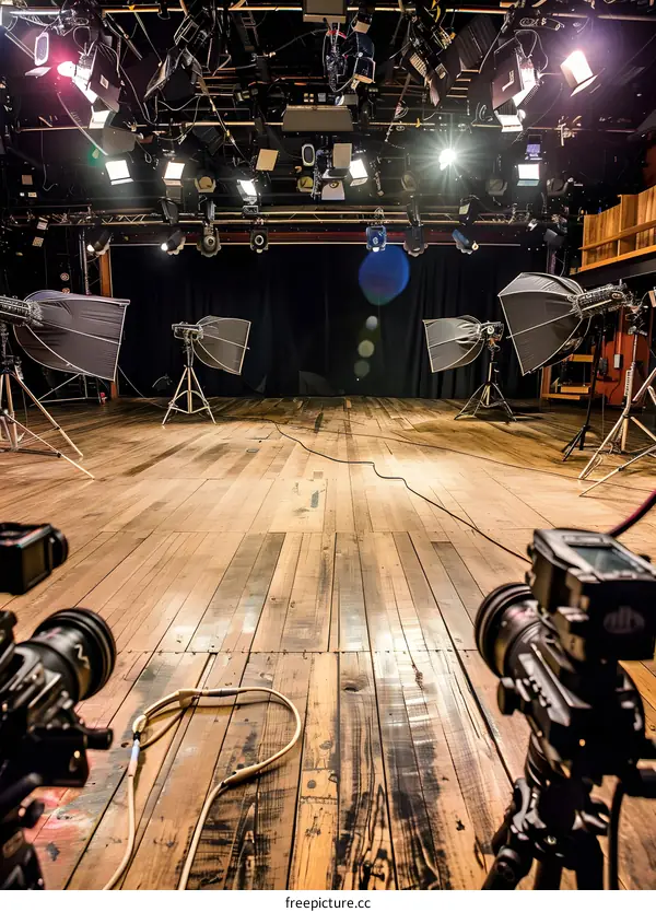 Empty Stage with Lighting Equipment and Cameras