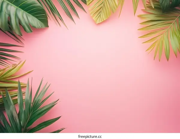 Tropical Leaves Border on Pink Background