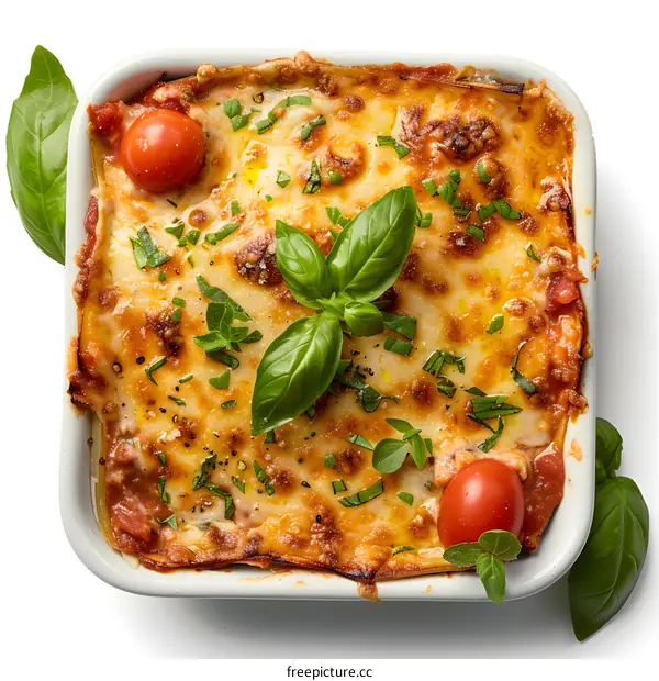 Overhead view of baked lasagna in dish