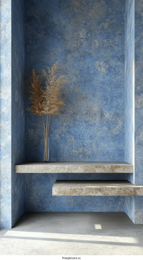 Stylish Interior Display Shelf with Blue Wall