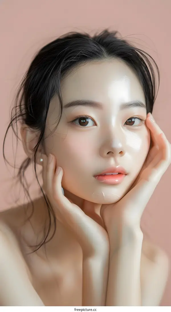 Portrait of a Beautiful Young Asian Woman with Soft Skin and Makeup