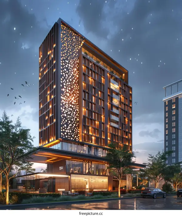 A modern office building with a geometric facade