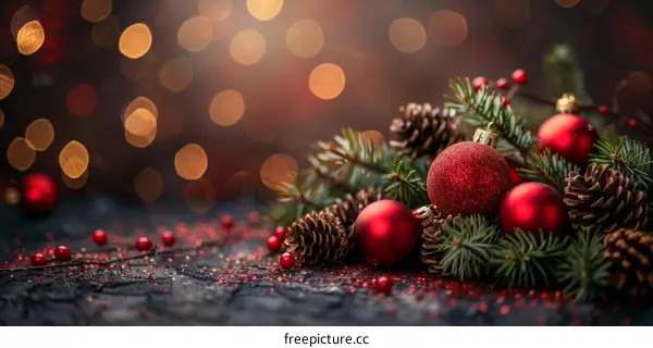 Red and green Christmas ornaments with pine cones on a dark background