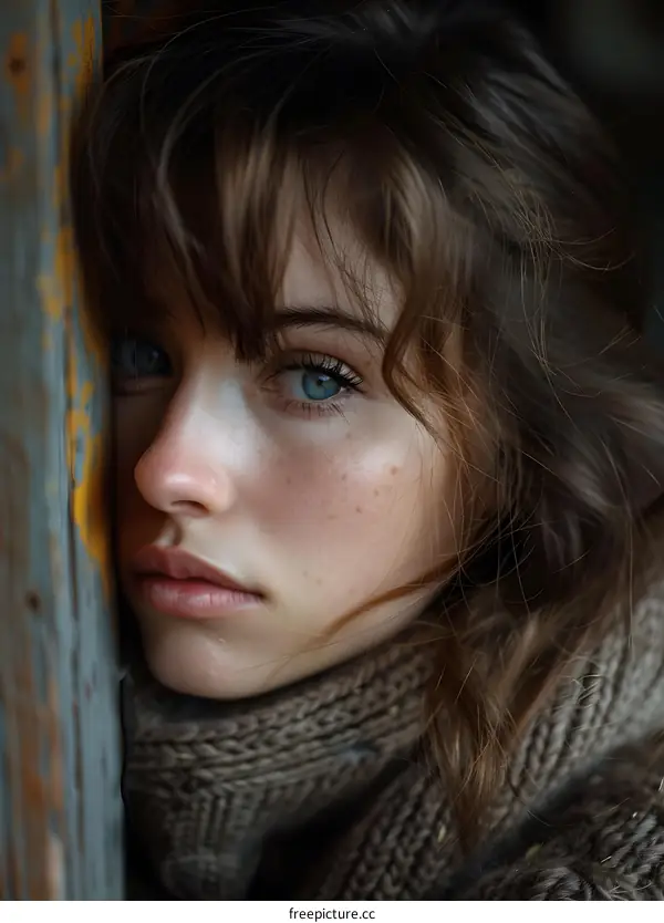 Portrait of a beautiful young woman with blue eyes and brown hair, wearing a brown scarf