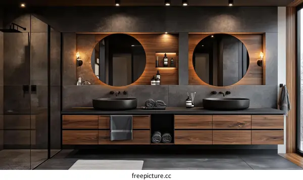 Modern Dark Bathroom Design with Wooden Cabinets