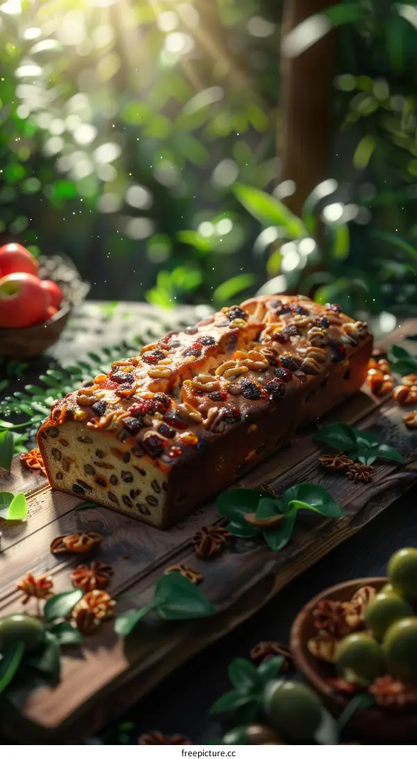 Close-up of a delicious fruitcake on a wooden table