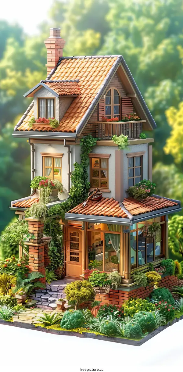 European style two-story house with a garden full of flowers and plants