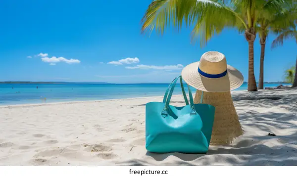 Beach with blue water and white sand and palm trees with a straw hat and blue bag