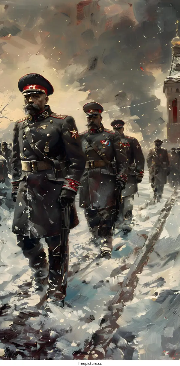 A group of soldiers in winter uniforms march through a snowy forest.
