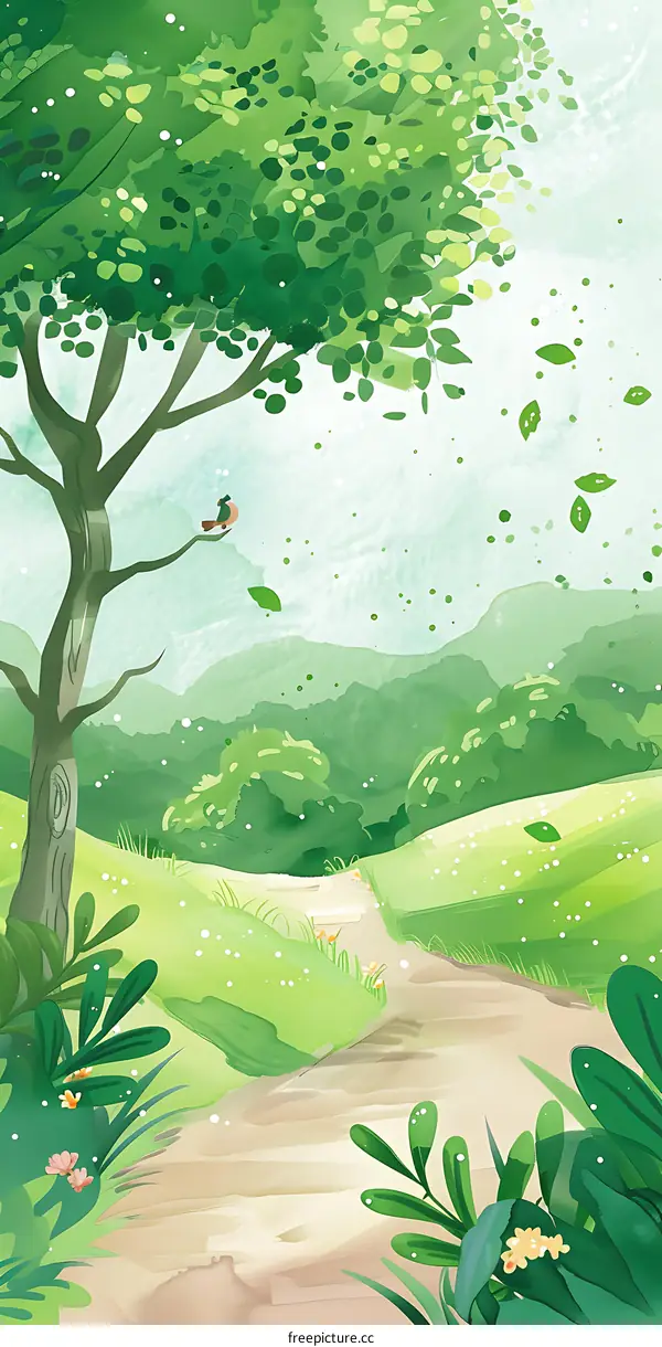 Green Watercolor Illustration Of Forest With Path And Birds