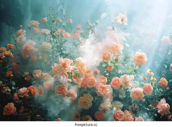 ethereal rose garden with peach roses and white sweet peas