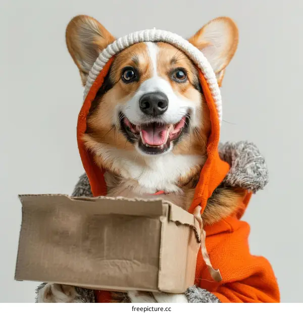 A cute corgi dog wearing a hoodie and holding a box