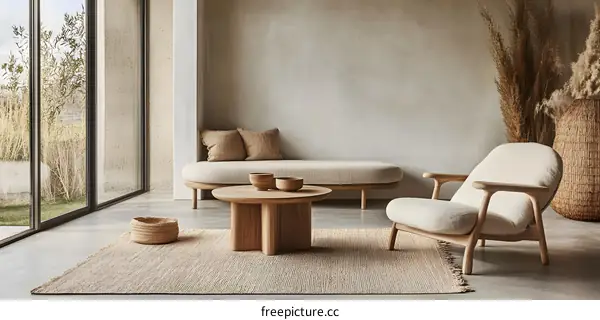 Modern Living Room With Wooden Furniture And Neutral Colors