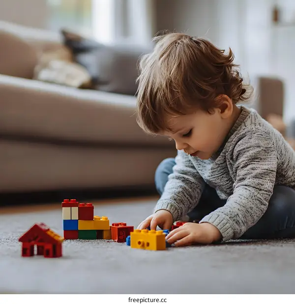 Young Boy Playing with Building Blocks on the Floor