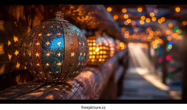 Beautiful lantern with starry night design illuminates wooden railing with blurred lights in the background
