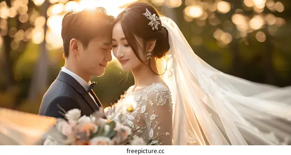 The bride and groom hold each other and smile at each other lovingly